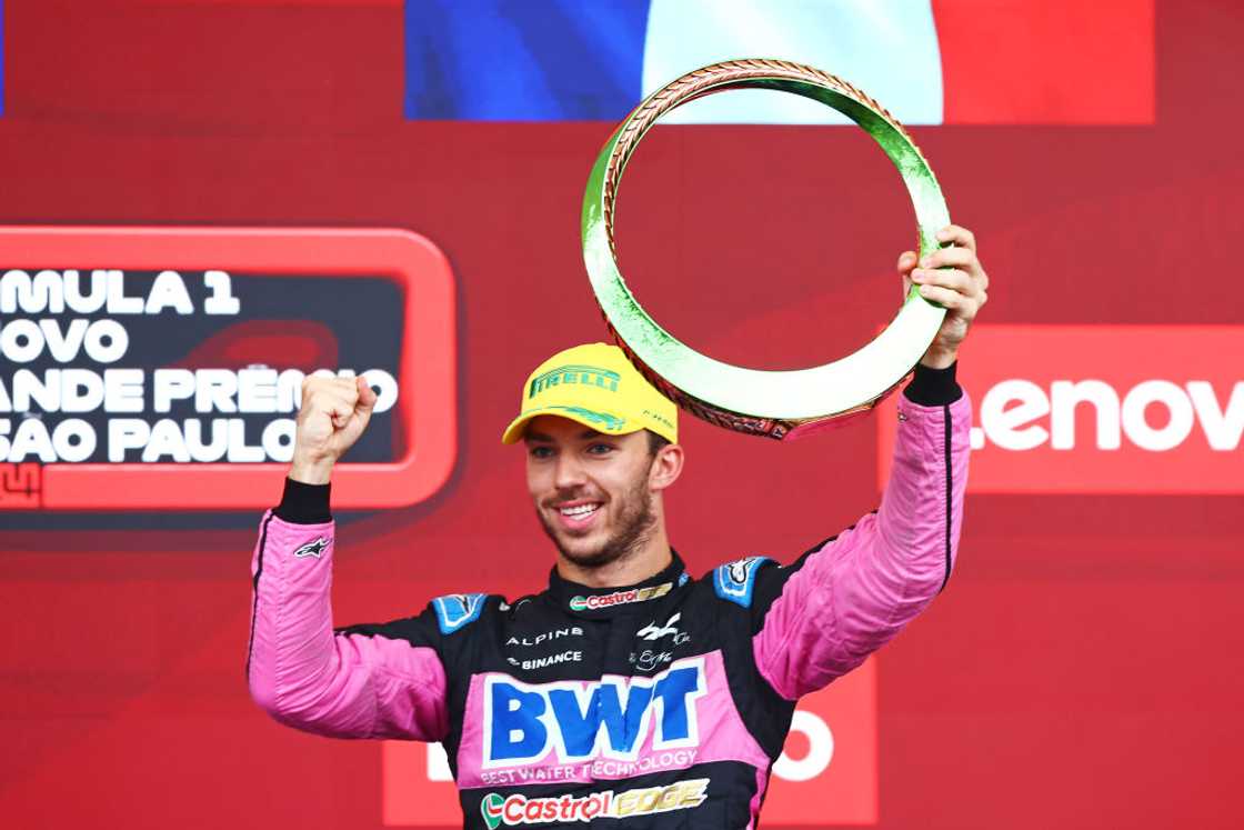 Pierre Gasly celebrates a podium finish