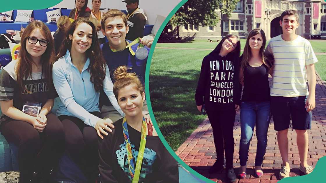 Aly Raisman and her three siblings pose with Aly's Olympic medals (L). Aly Raisman's three siblings pose with arms around each other (R).