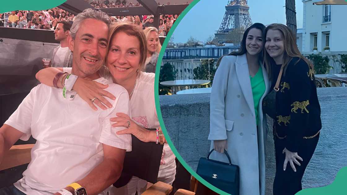 Aly Raisman's parents posing for a picture at a sports stadium (L). Aly Raisman posing for a photo along the street (R).