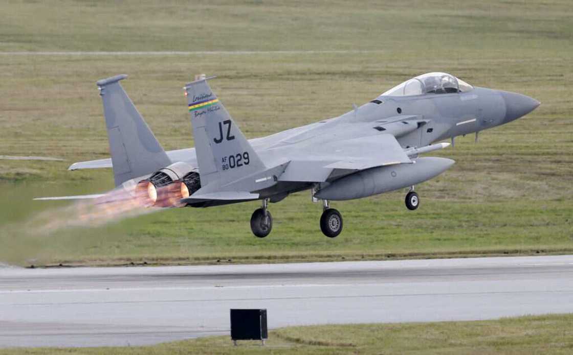 A U.S. Air Force F-15C fighter jet taking off