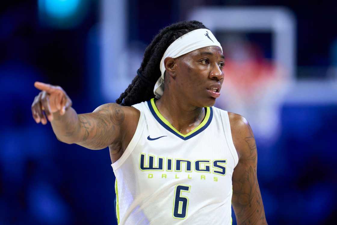 Natasha Howard reacts after a play against the Phoenix Mercury