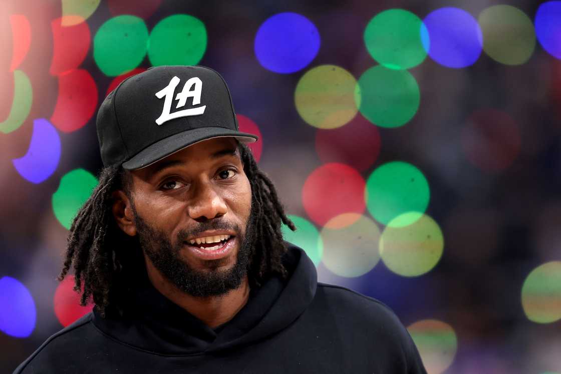 Kawhi Leonard looks on during the first half of a game against the Toronto Raptors at Intuit Dome in Inglewood, California