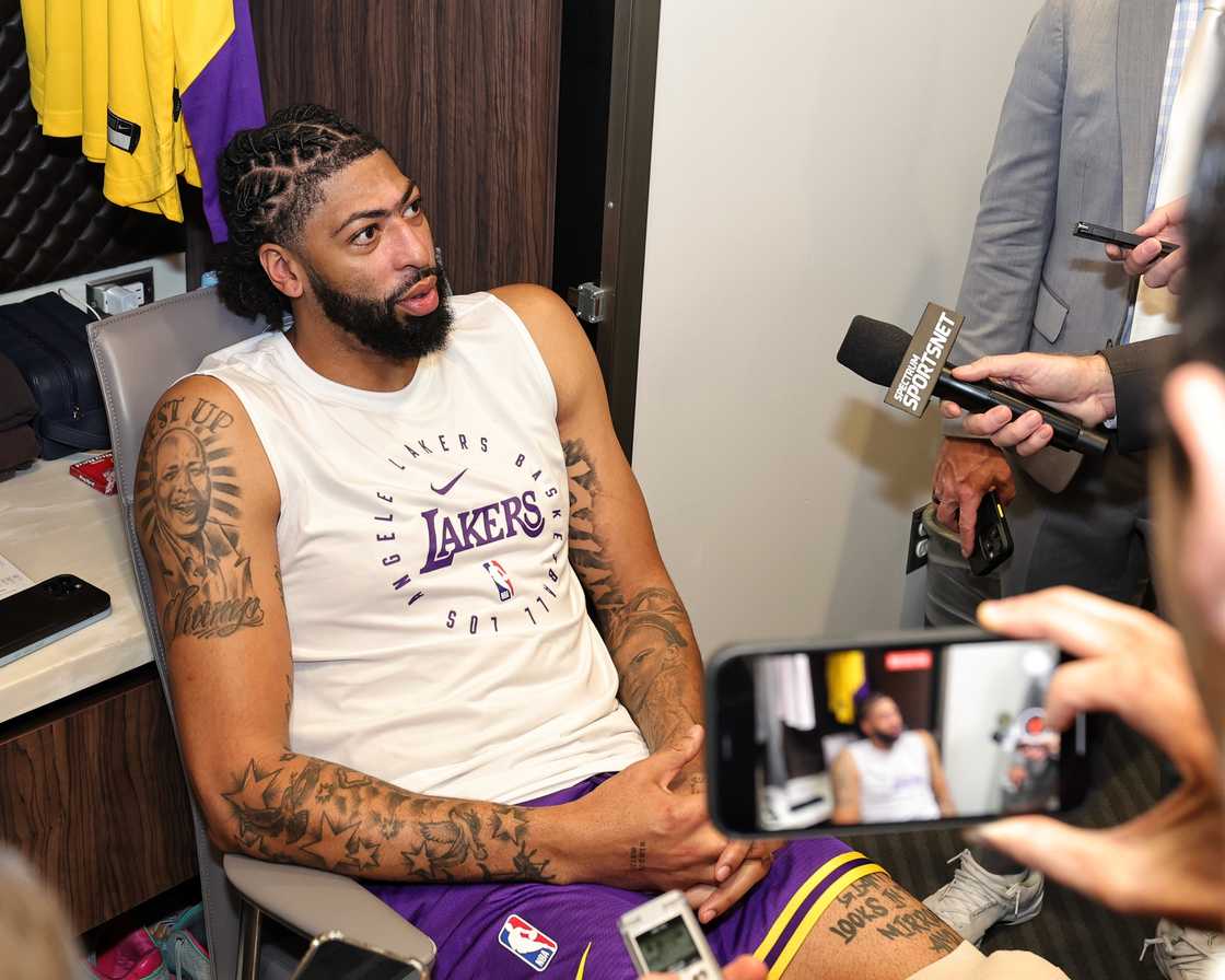 Anthony Davis talks to the media after the game against the Los Angeles Lakers at Crypto.Com Arena in Los Angeles, California