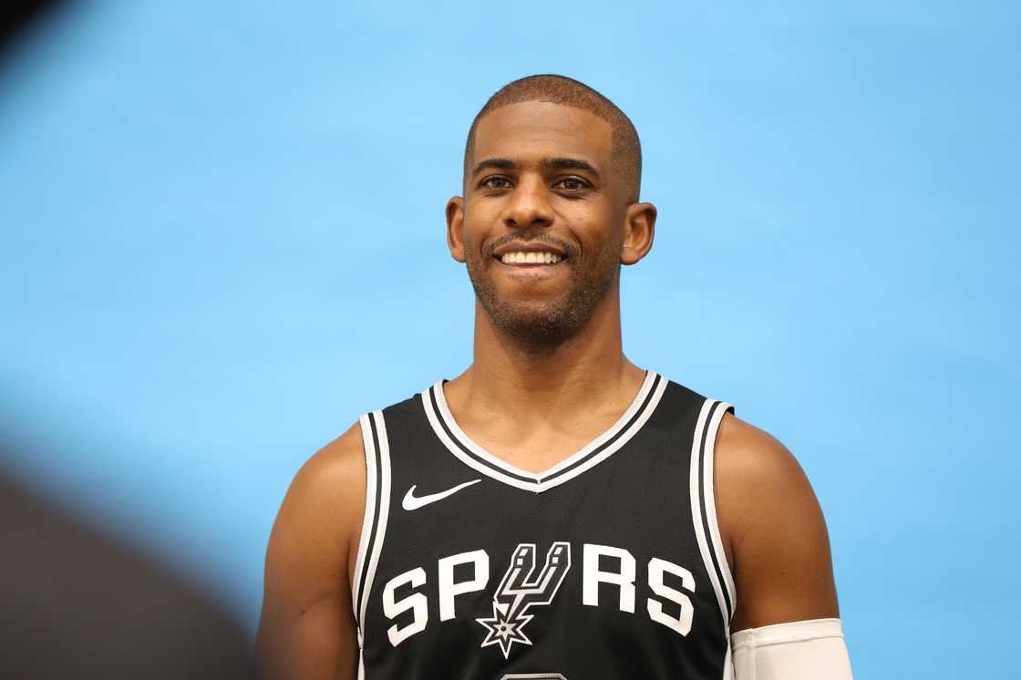 Chris Paul of the San Antonio Spurs poses for photographs at the San Antonio Spurs Media Day at the Victory Capital Performance Centre in San Antonio, Texas.