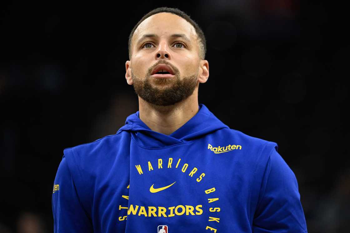 Stephen Curry of the Golden State Warriors looks on before a game against the Utah Jazz at Delta Centre in Salt Lake City