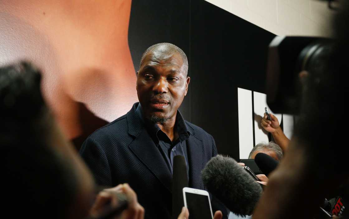 Hakeem Olajuwon talks to the media before the Houston Rockets play the Orlando Magic at Toyota Centre in Houston, Texas