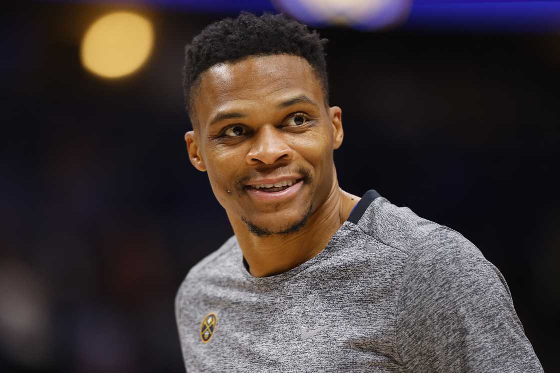 Russell Westbrook warms up before the game against the Miami Heat at Ball Arena in Denver, Colorado