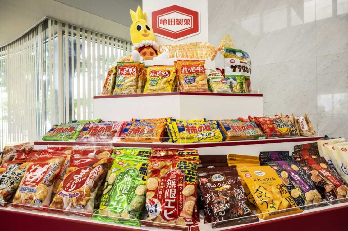 Kameda Seika's products displayed at the company's headquarters in Niigata city, Niigata prefecture