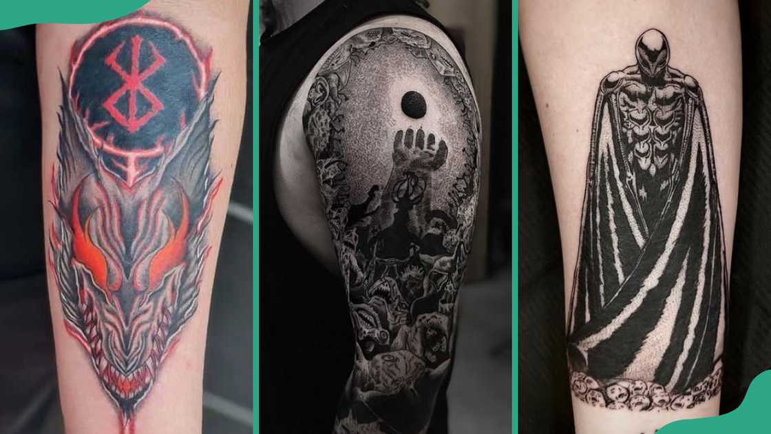 The Brand of Sacrifice(L), The Hand of God (C), and Femto (R) tattoos