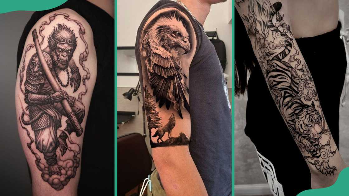 Monkey (L), eagle (C), and tiger (R) tattoos