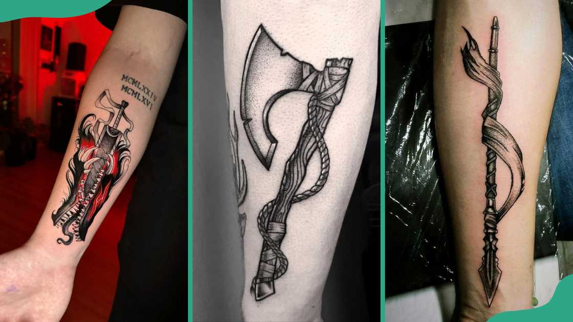 Sword (L), axe (C), and spear (R) tattoos