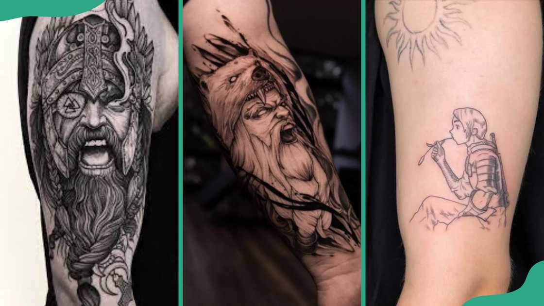 Norse Berserkers (L), Viking berserker (C), and Judeau (R) tattoos