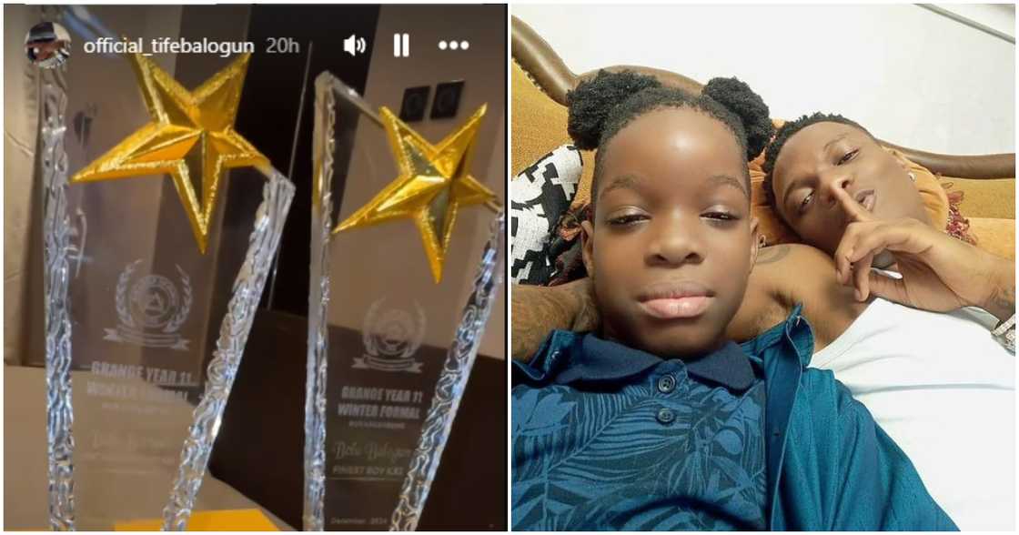 Wizkid's 1st son Tife collects two awards from school, Wizkid and 1st son Tife