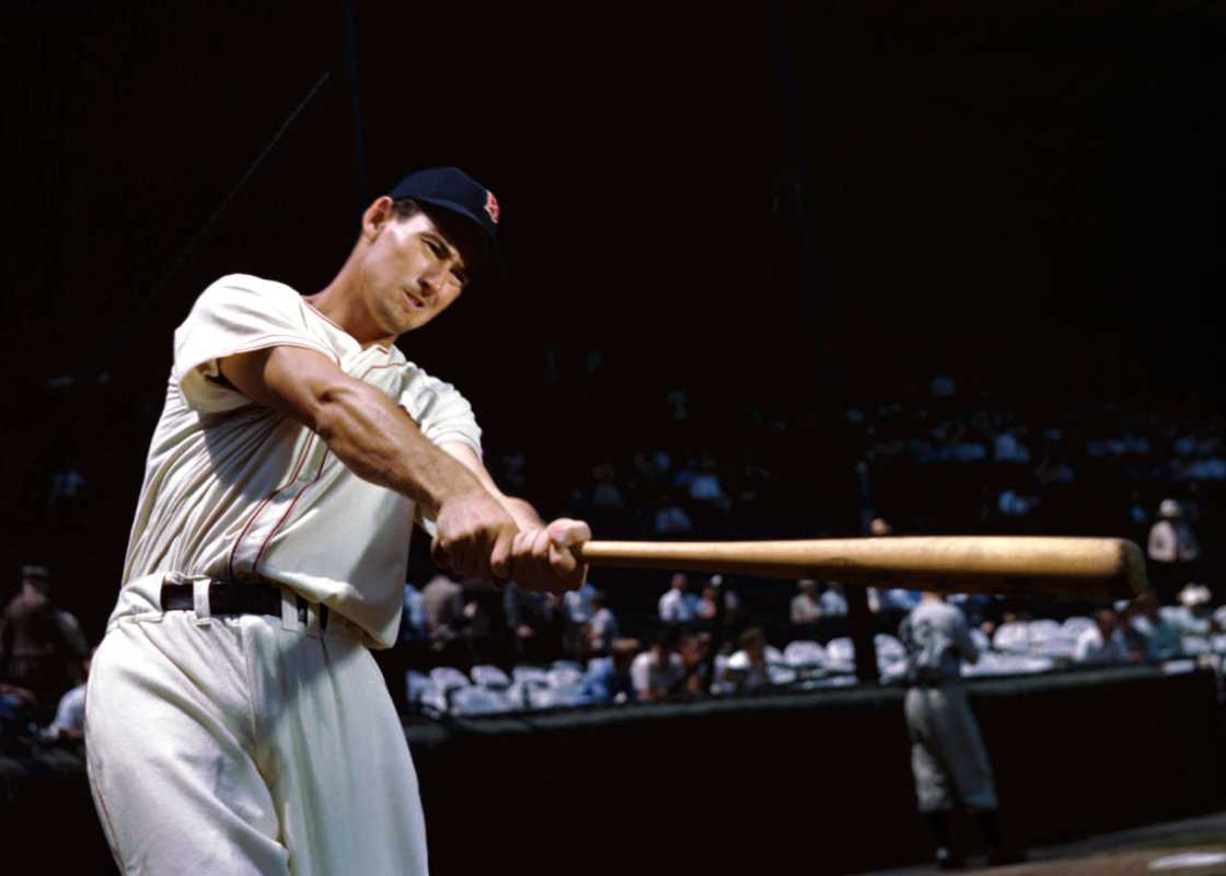 Outfielder Ted Williams of the Boston Red Sox poses for an action portrait