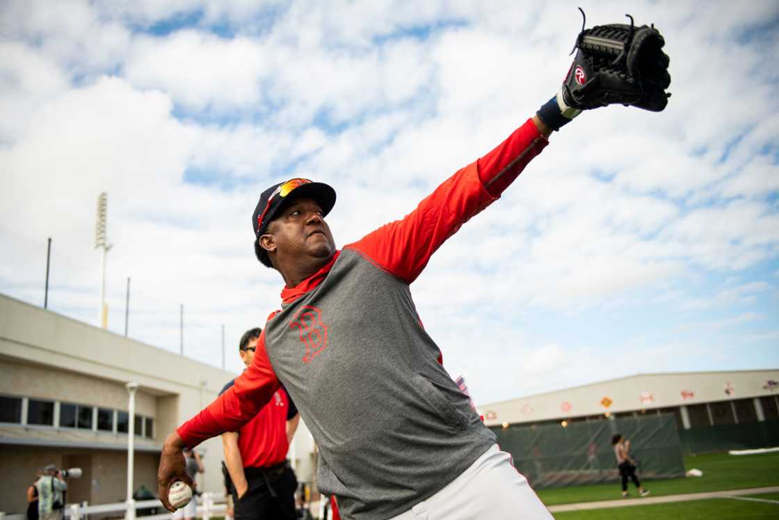 Former pitcher Pedro Martinez throws a ball