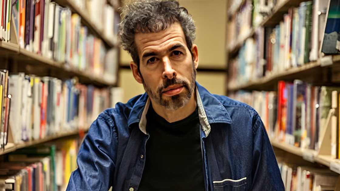 Rick Rosner in a library