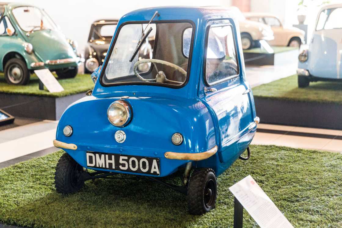 A blue 1962 Peel P50 on display