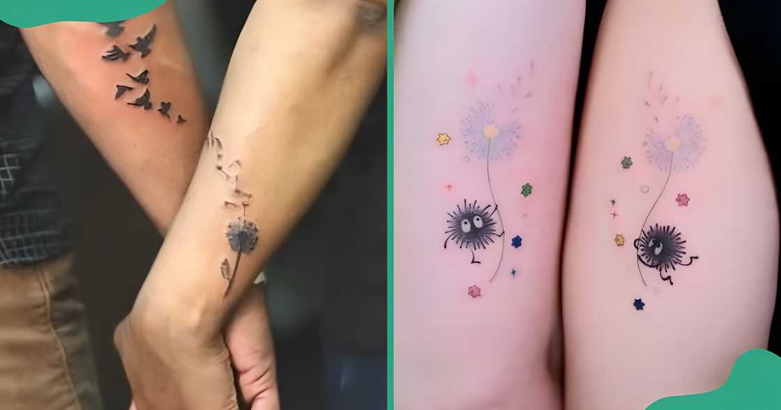 Similar and complementary dandelion tattoos on the arms.