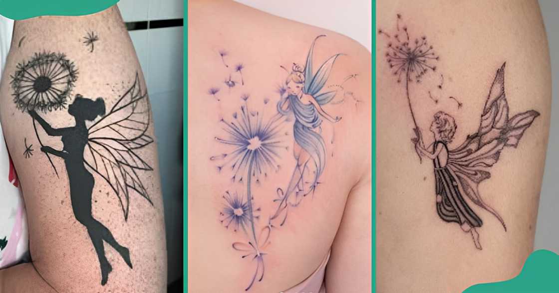 Dandelion tattoo with elements such as fairies and fairy dust.