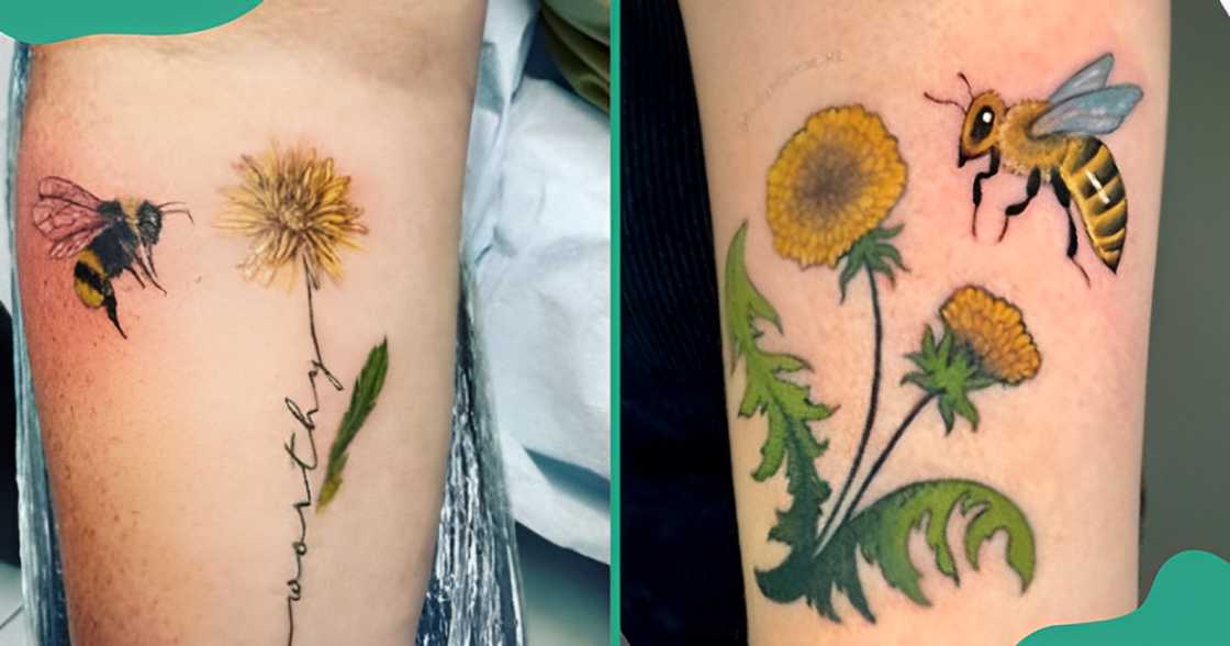 Realistic dandelion flower tattoos with elements such as bees on the arm.