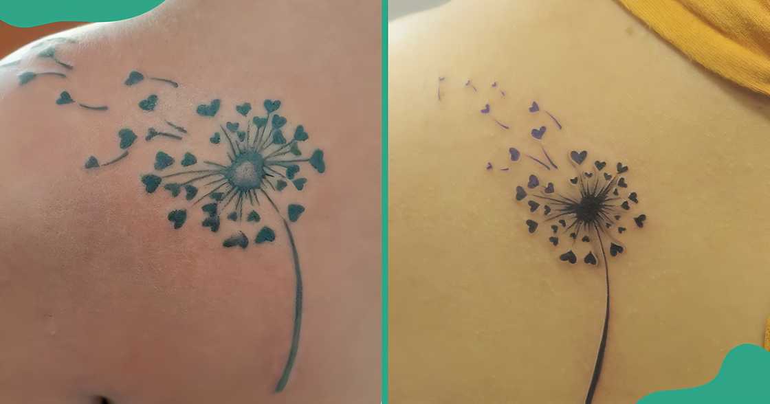 Dandelion tattoos with hearts as the blown seeds on backs.