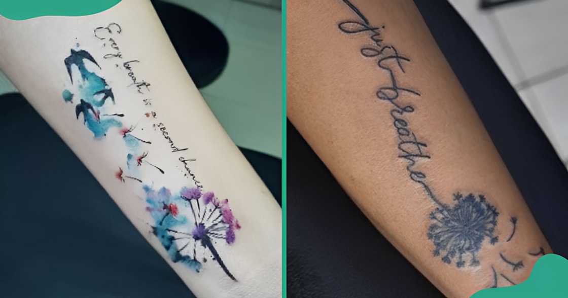 Colourful and fine-line blown dandelion tattoos with quotes