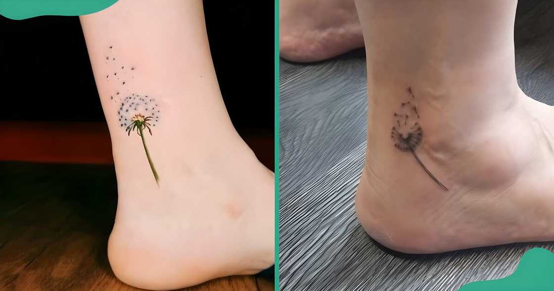 Minimalist dandelion puffball tattoos on the ankles.