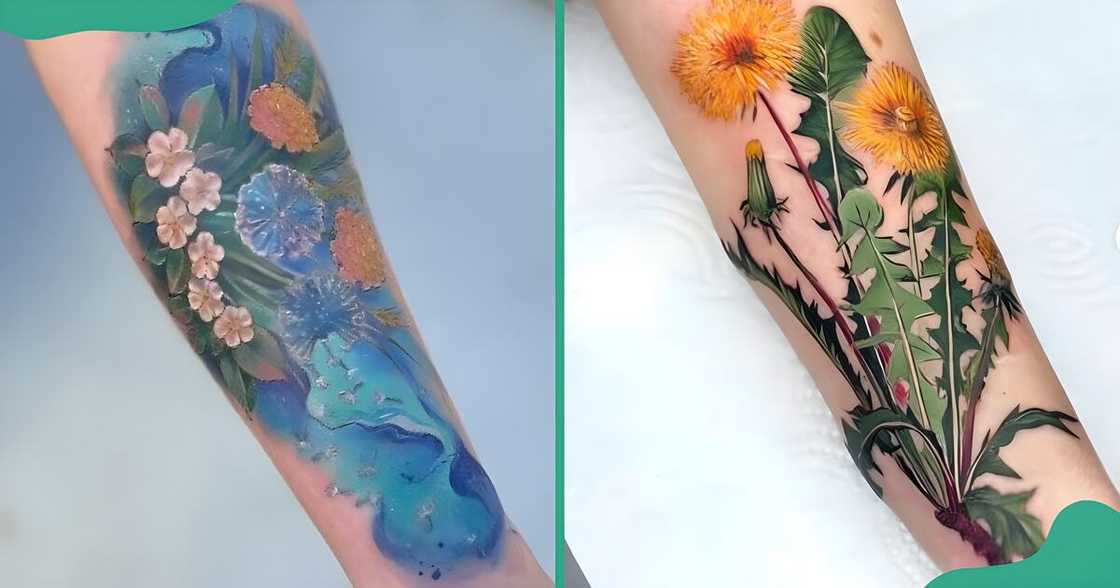 Colourful dandelion tattoos on the forearms.