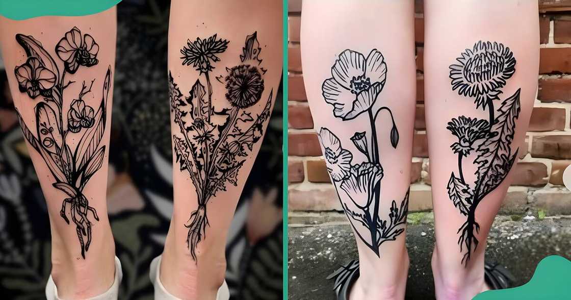 Detailed dandelion tattoos on the back of the leg.