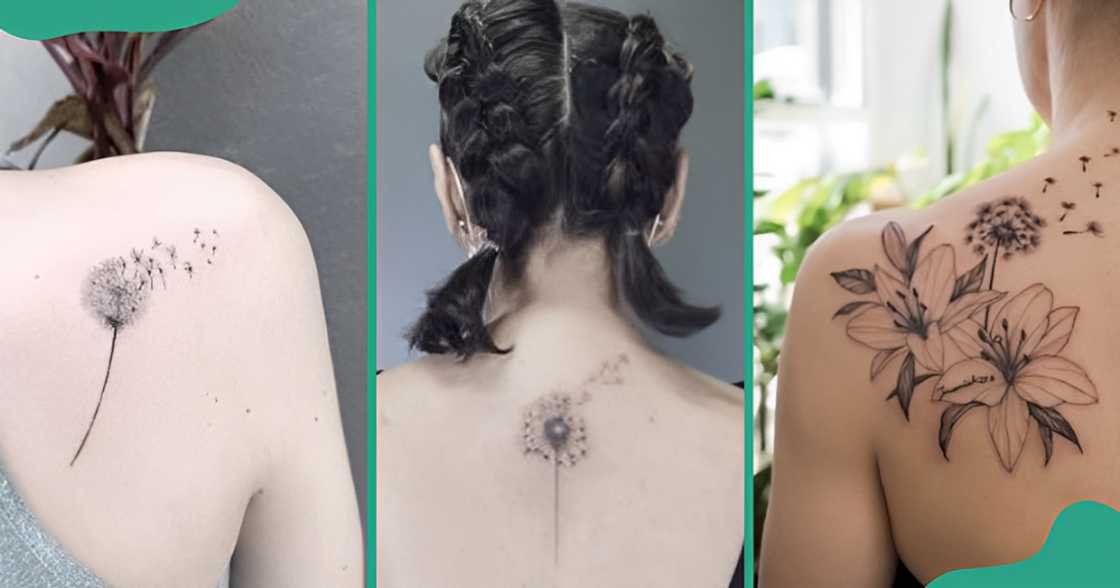 Blown dandelion tattoos on the back.