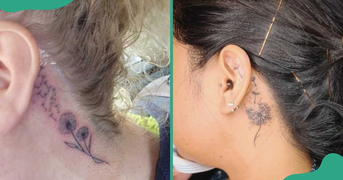 Blown dandelion tattoos behind the ear.