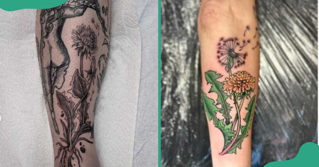 Detailed blown dandelion tattoos on the shin