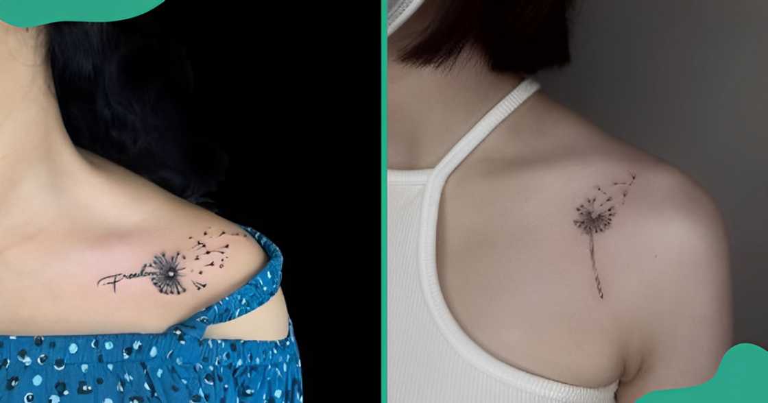 Blown dandelion tattoos on the collarbone.