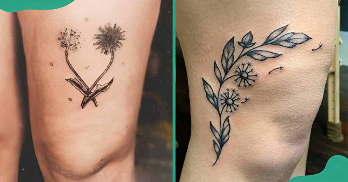 Detailed blown dandelion tattoos around the knee