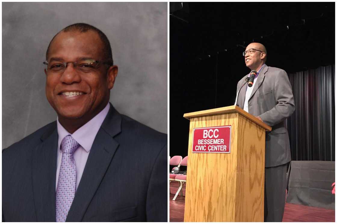 Former American football player Bobby Humphrey smiles as he poses for a photo (L). He addresses a congregation (R)