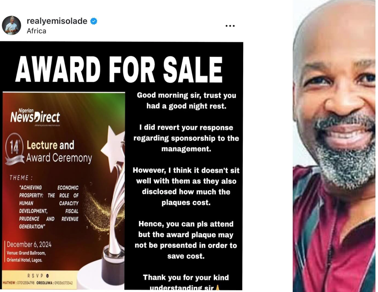 I was harassed - Actor, Yemi Solade reacts as event organizers hold back award plaque