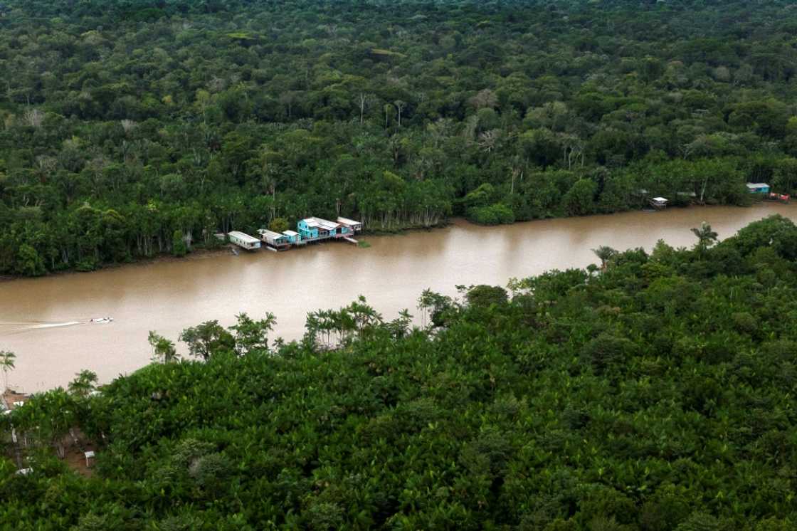 This aerial view shows a group of stilt houses on the Anajas River, home to families dedicated to rubber tapping, crafts, and açai fruit harvesting, in Anajas, in Para State