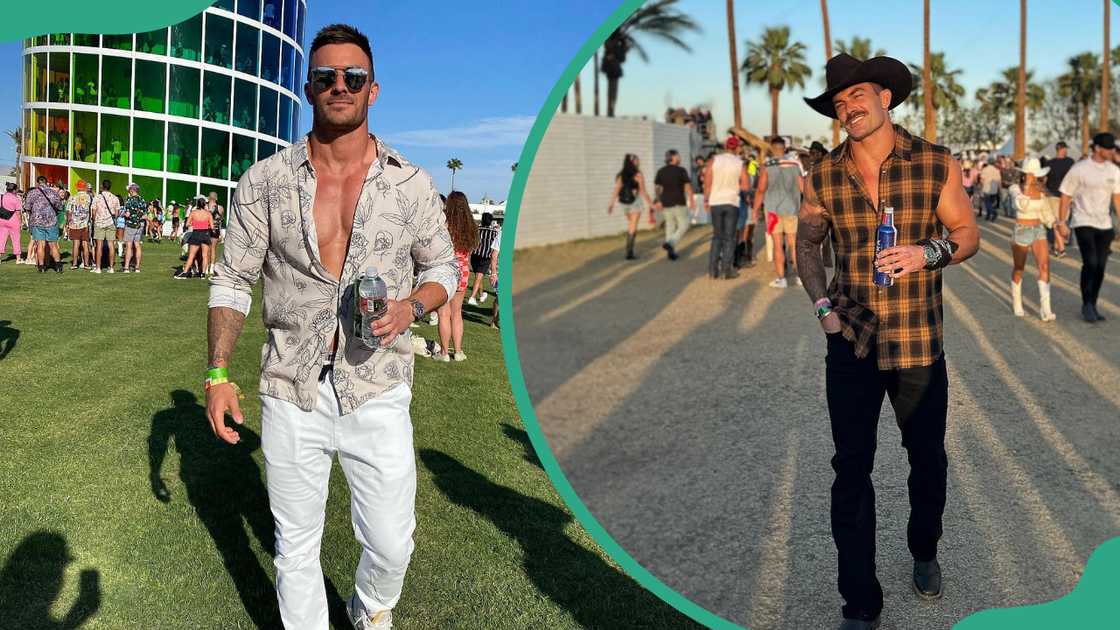 Vince Sant posing in a field with a bottle of water (L). Vince Sant walking along the road with a drink in his hand (R).