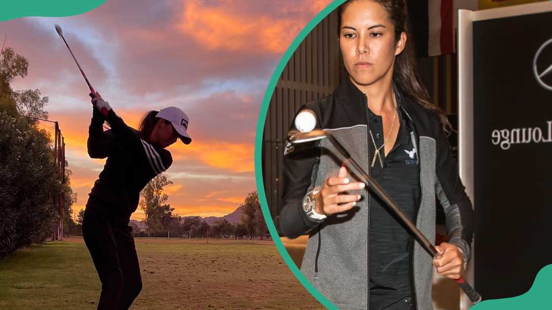 Tania Tare swinging a golf club during sunset (L). The golf influencer holding a golf club with a golf ball balanced on the club's face (R)