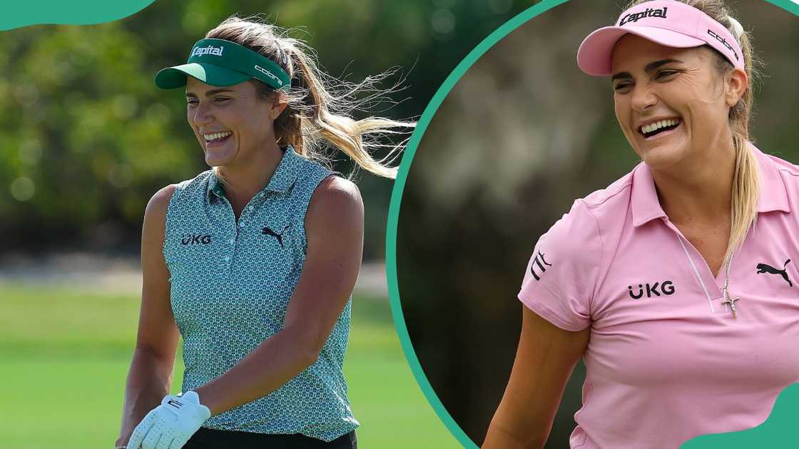 Lexi Thompson standing on a golf course, wearing a sleeveless patterned top with the Puma and "UKG" logos (L). Thompson in a pink polo shirt (R)