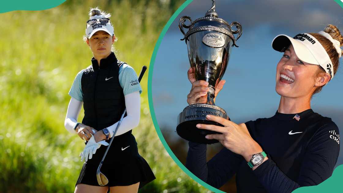 Nelly Korda standing on a golf course and holding a golf club (L). Korda holding up a large trophy (R)