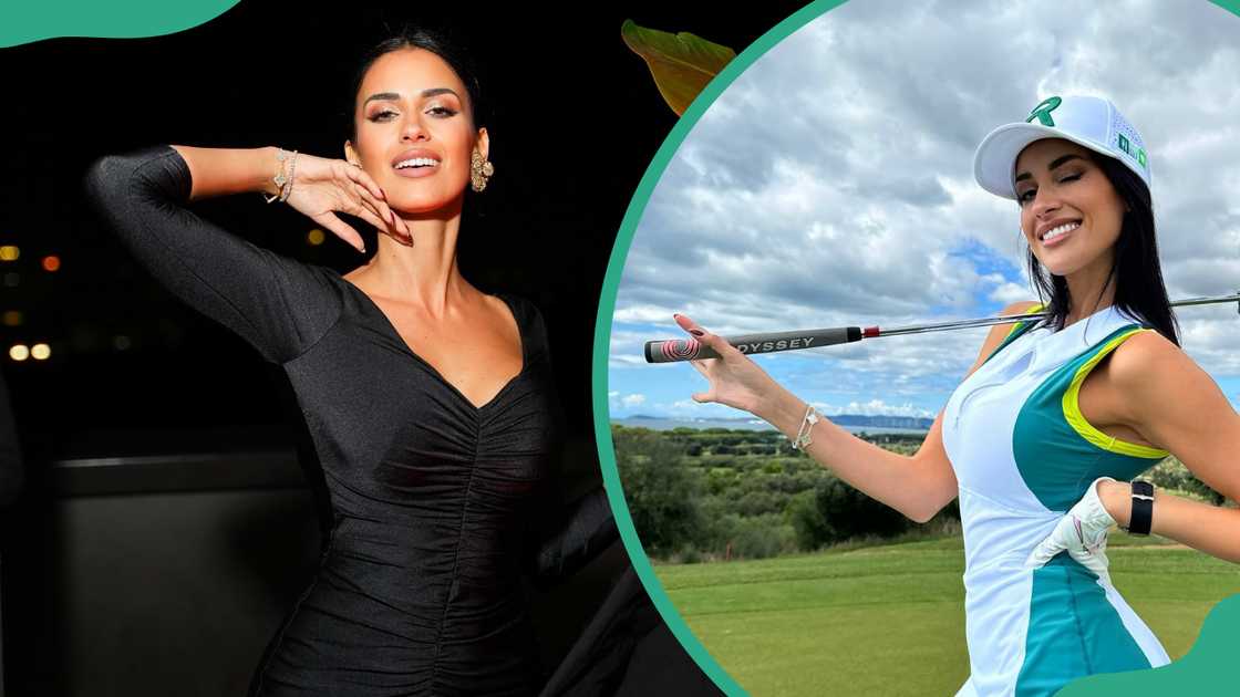 Eleonora Incardona dressed in a black outfit (L). Incardona holding a golf club over her shoulder in a white and green athletic outfit (R)