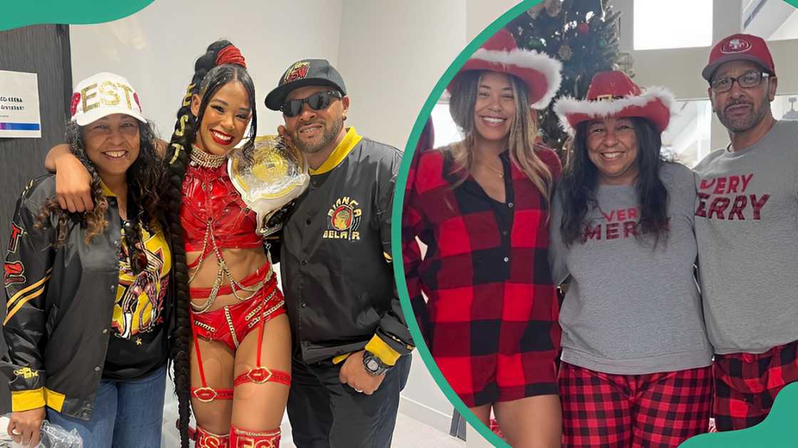 Bianca Belair and her parents in France (L). Bianca and her parents in Christmas costumes (R).