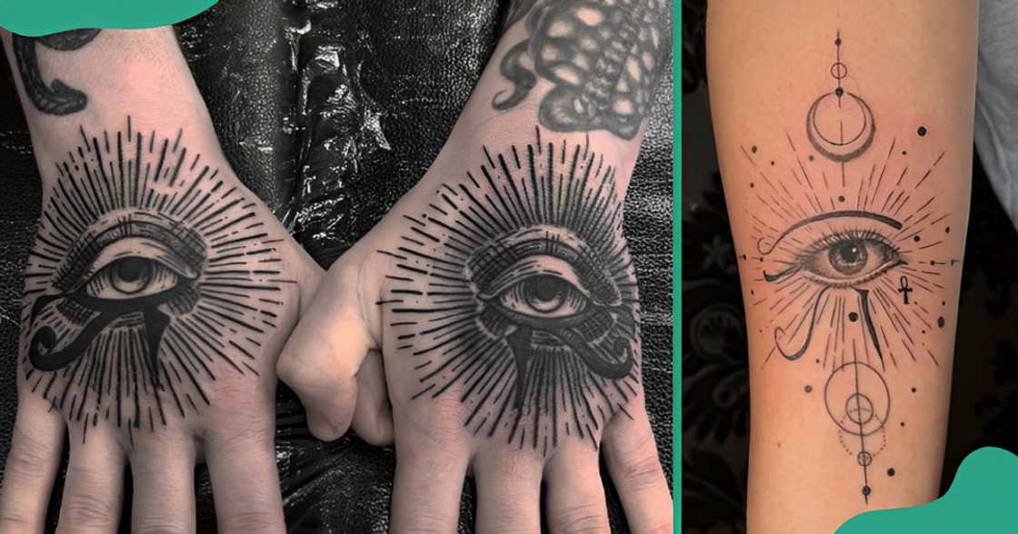 Eye of Horus tattoos made with the linework design on the hands and forearm.