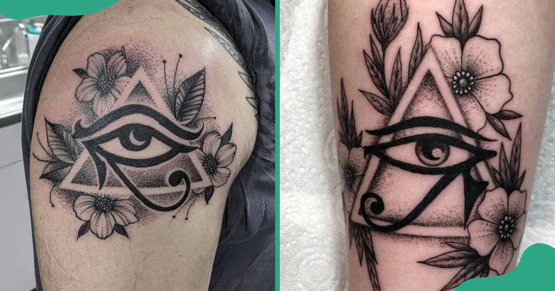 Floral Eye of Horus tattoos on the arm and leg