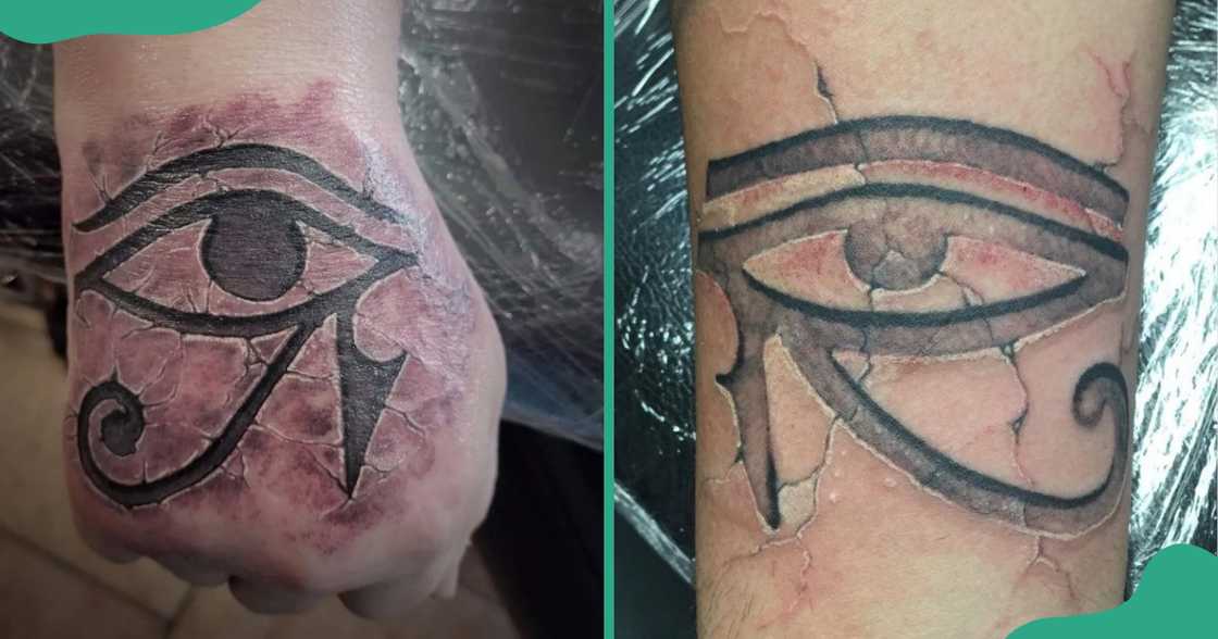 Cracked Eye of Horus tattoos on the hands.