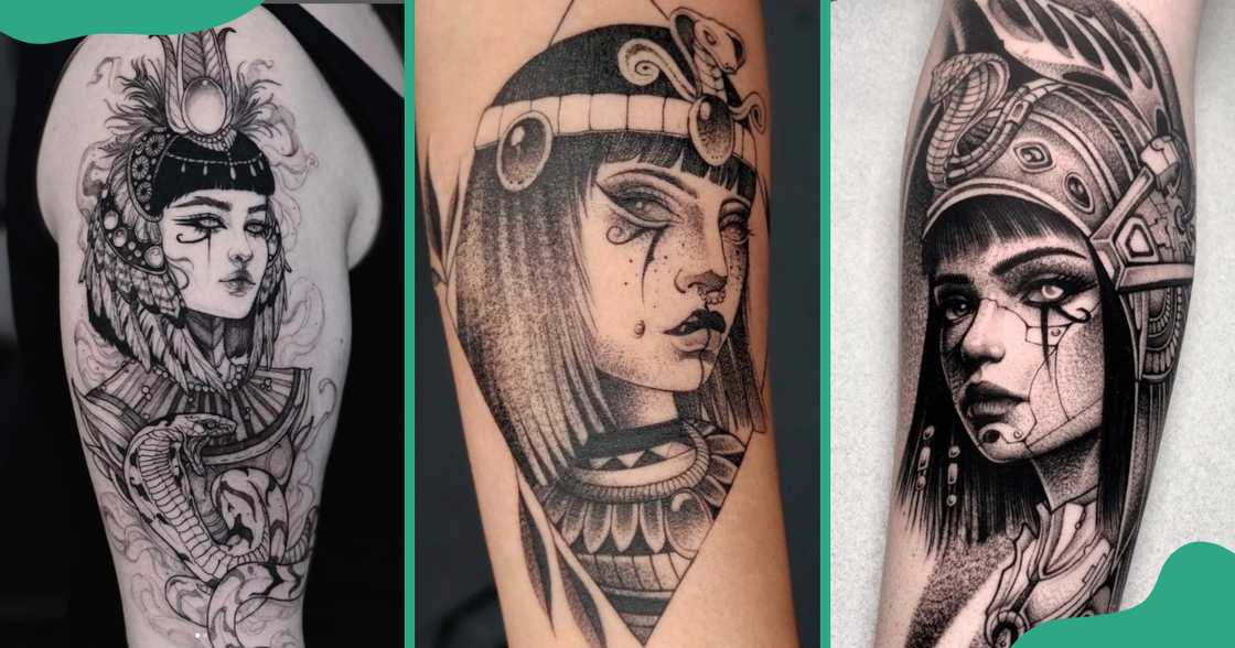 Eye of Horus tattoo with Cleopatra on the arms