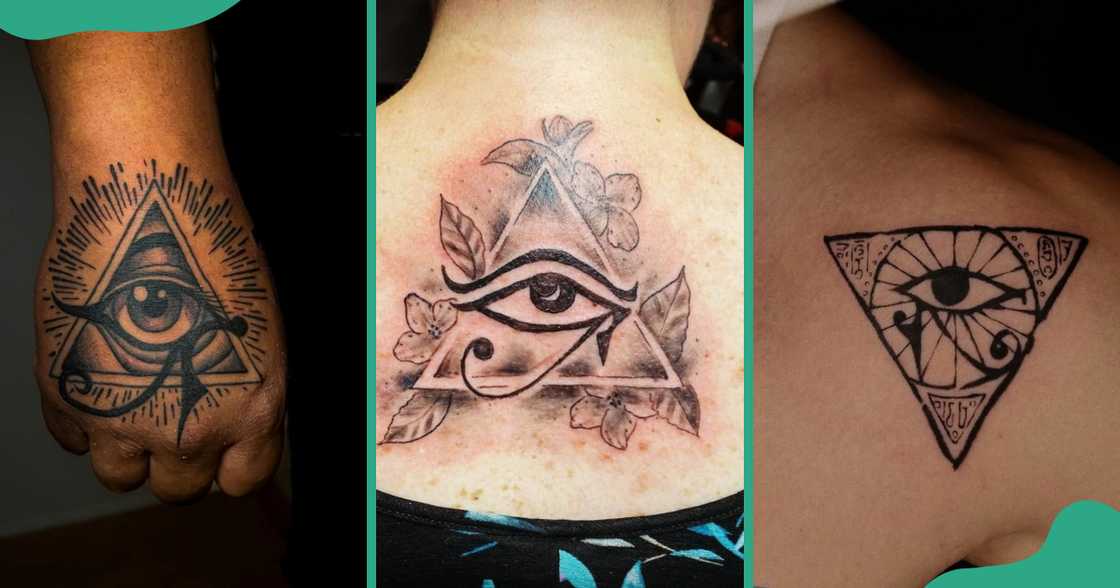 Eye of Horus as part of the All-Seeing Eye on the hand and the back.