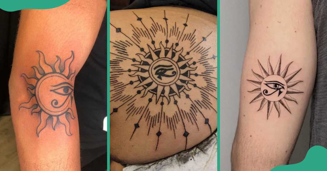 The sun around the Eye of Horus tattoo designs on the arms and the chest.