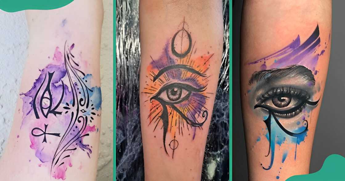 Watercolour Eye of Horus tattoos on the arms